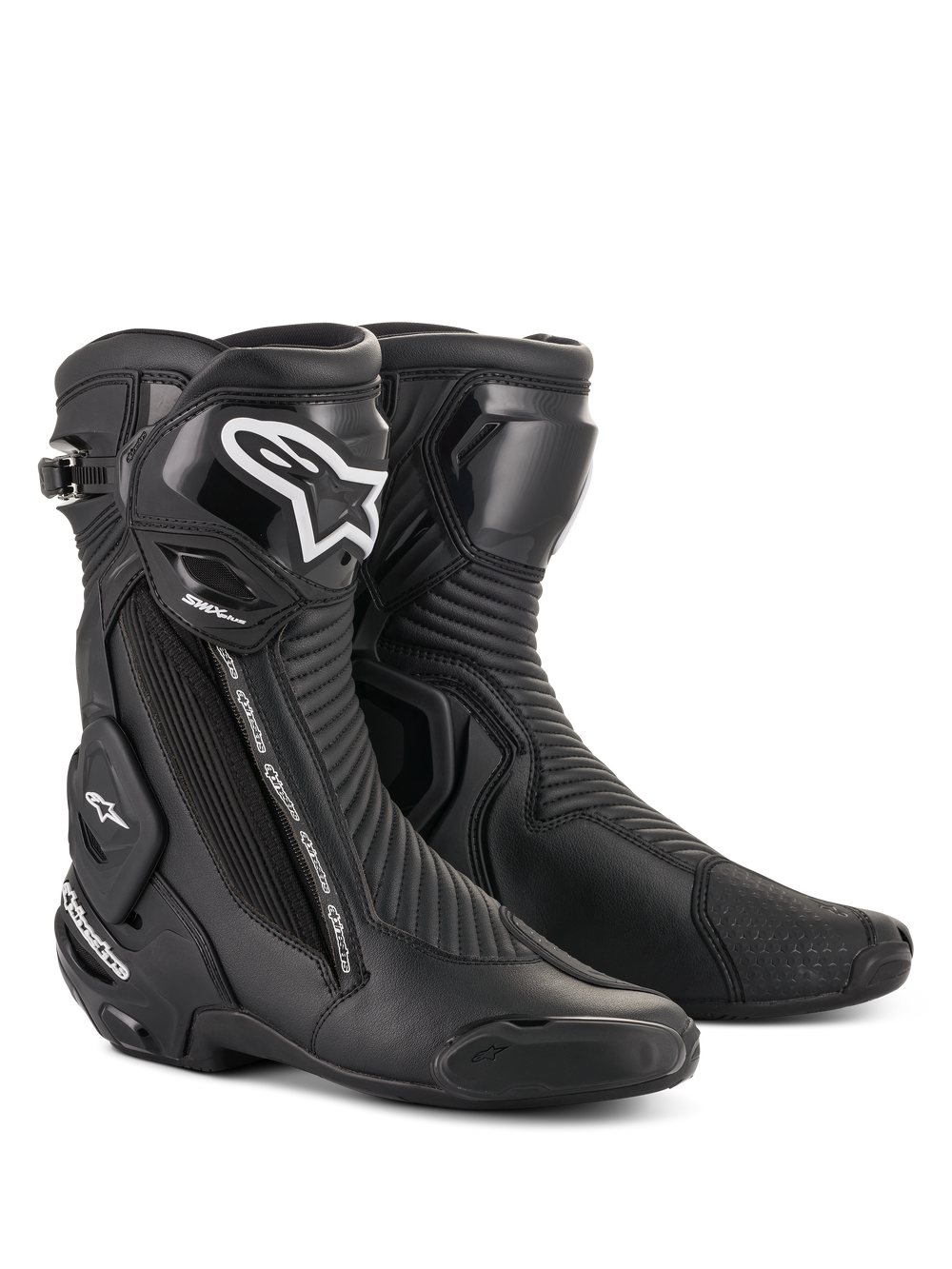 Alpinestars SMX Plus V2 Boots, Motorcycle Racing Boots, Black with White Logo on the shin, High Ankle Design, Reinforced Toe Sliders and Heel Protection, Side Zipper Closure, Ribbed Accordion Texture Panels for flexibility, Aerodynamic Construction