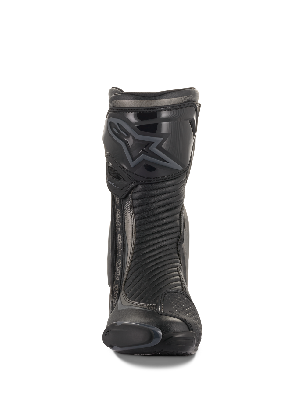 Alpinestars SMX Plus V2 Boots, Racing and Sport Motorcycle Boots, Black and Dark Gray, front view featuring a contoured TPU shin protector with Alpinestars logo, accordion flex panels for movement, and a sleek aerodynamic profile for performance riding.