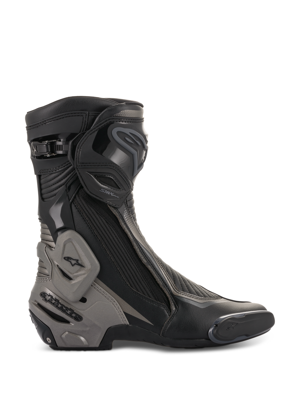 Alpinestars SMX Plus V2 Boots, Motorcycle Racing Boots, Black and Dark Gray, side profile showing advanced TPU shin plate and heel counter, Multi-Link Control system, flexible accordion zones, lateral zipper closure, and aerodynamic microfiber construction for performance riding