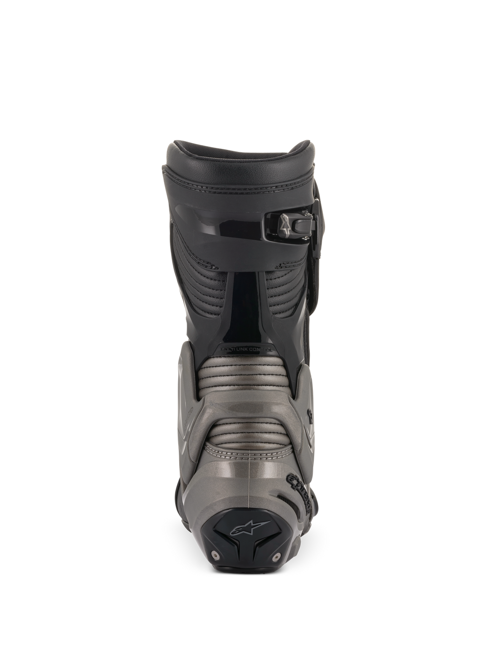 Alpinestars SMX Plus V2 Boots, Black and Dark Gray, rear view showcasing the Multi-Link Control system, Achilles accordion panels, and micro-adjustable ratchet top closure for advanced motorcycle protection.