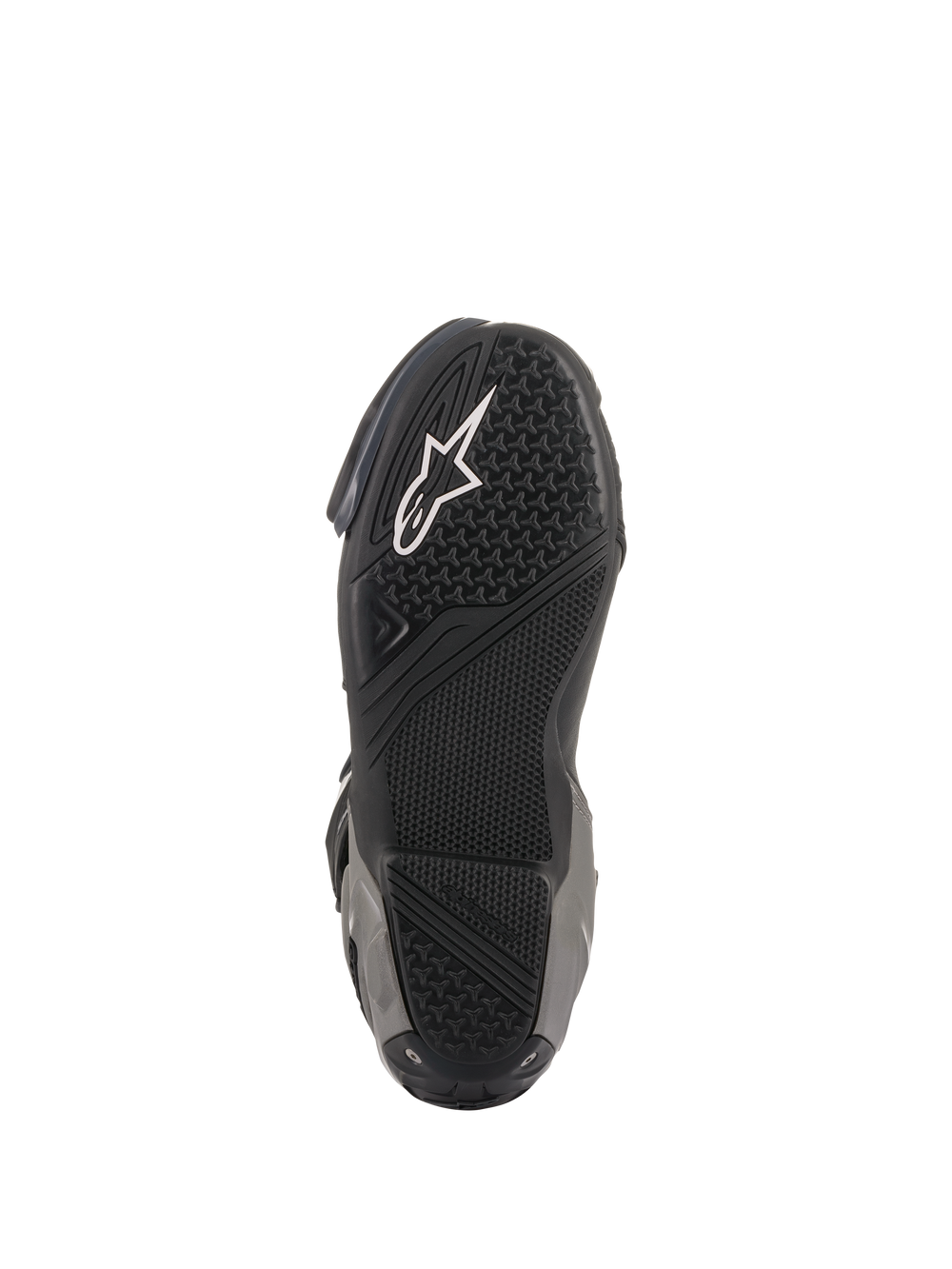 Alpinestars SMX Plus V2 Boots, Racing/Sport Motorcycle Boots, Black and Dark Gray, underside view of the textured rubber sole with white Astar logo and specialized grip zones for footpeg traction.