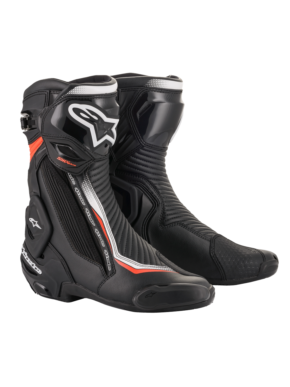 Alpinestars SMX Plus V2 Boots, Racing Motorcycle Boots, Black with White and Red Fluorescent accents, featuring microfiber upper, TPU shin plate, Multi-Link Control system, and replaceable sliders, technical design for high-performance protection