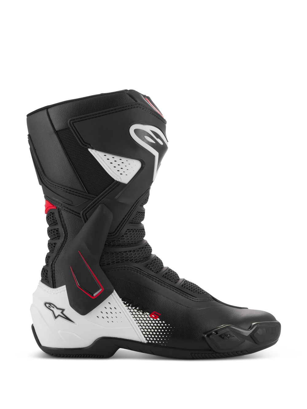 Alpinestars SMX-6 V3 Boots, Performance Motorcycle Racing Boots, Black White and Red, side profile featuring TPU lateral ankle brace, reinforced shin and heel protection, perforated mesh flex zones, and replaceable toe sliders for track and street riding