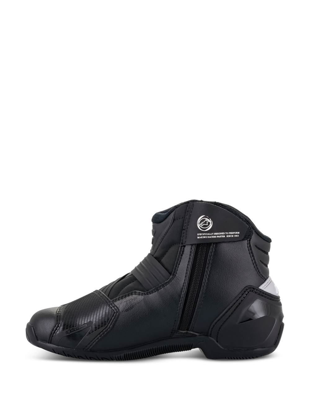 Alpinestars Women Stella SMX-1 R V2 Boots, Black, low-cut performance motorcycle riding boot, side profile view showing zipper closure, ankle strap with logo, and microfiber construction with TPU heel counter