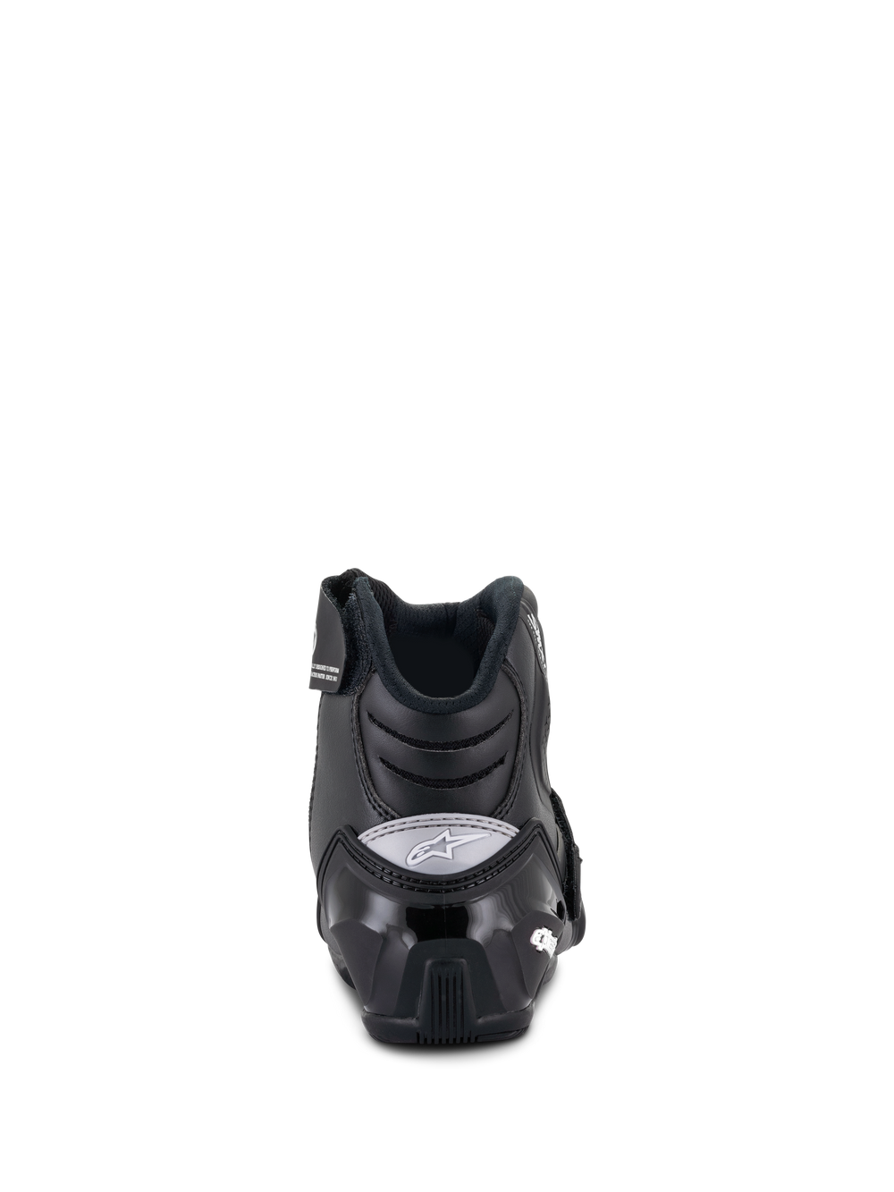 Alpinestars Women Stella SMX-1 R V2 Boots, low-cut motorcycle boots, Black, rear view showing reinforced TPU heel counter and grey Alpinestars logo, performance riding footwear