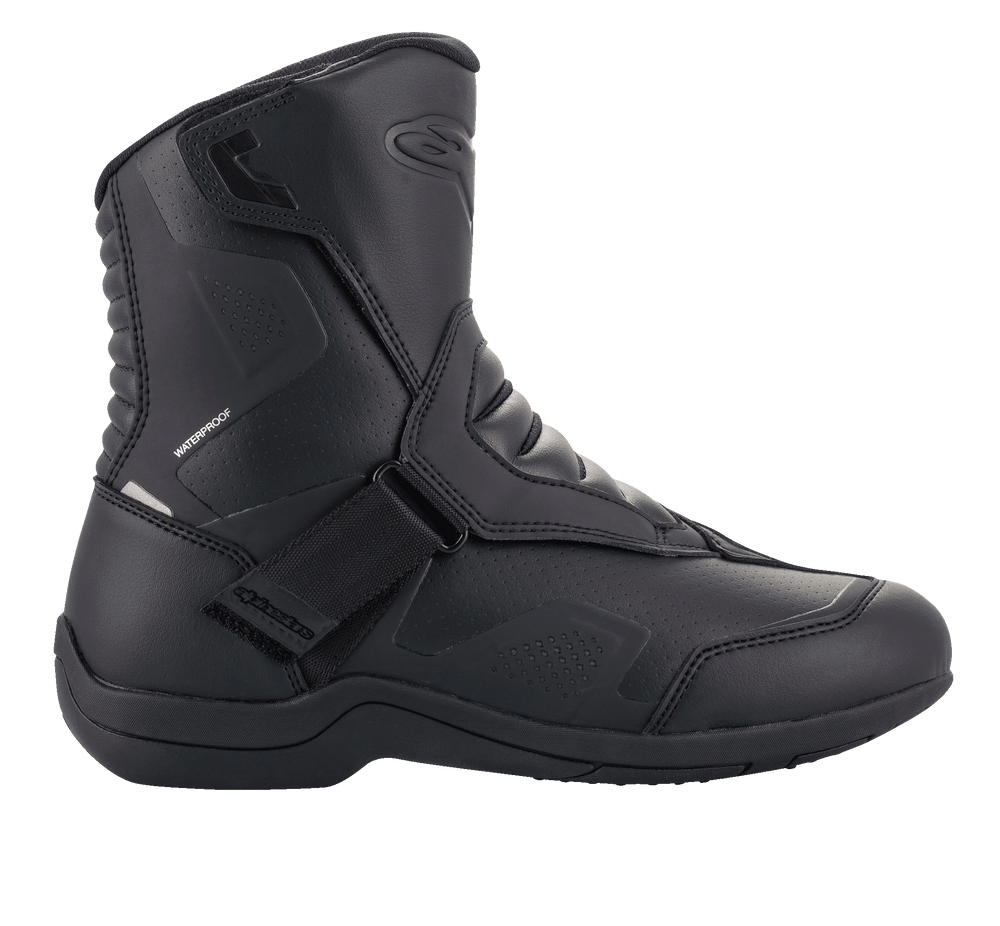 Alpinestars Ridge V2 Waterproof Boot, Side View of Black Tech Touring Motorcycle Boot, Durable Microfiber Construction with Perforated Panels, Wide Velcro Strap Closure, Accordion Flex Zones at the Ankle, Sleek Waterproof Design for All-Weather Road Riding