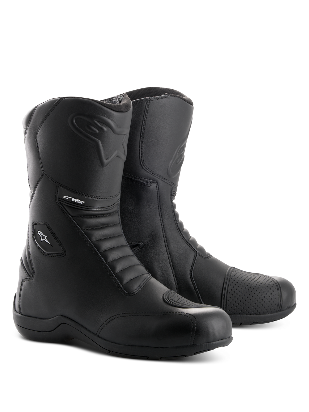 Alpinestars Andes V2 Drystar Boots, Black Motorcycle Touring Boots, waterproof leather construction with front and rear accordion flex panels, side entry zipper with flap closure, featuring embossed Alpinestars logo and Drystar branding, durable footwear for road and adventure riding.