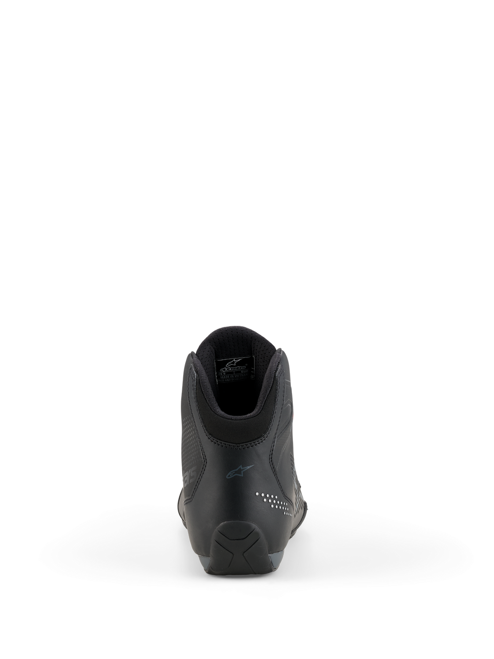 Alpinestars Celer Shoes, motorcycle riding shoes, Black and Dark Gray, rear view highlighting the reinforced heel, ankle collar, and subtle branding, technical microfiber construction for sport and racing riders