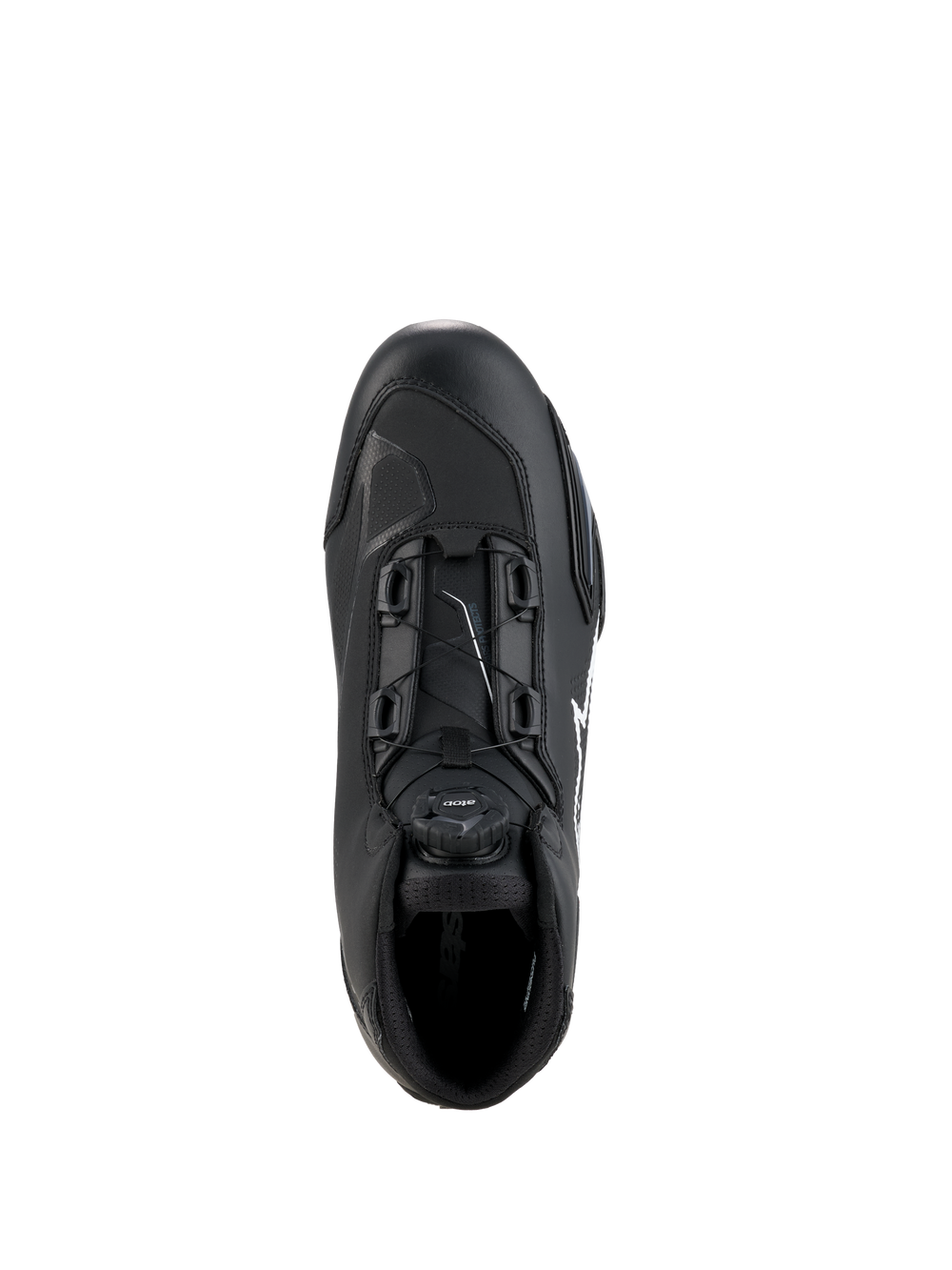 Alpinestars Celer Shoes, Black and White, top-down view highlighting the Rotor Closure System dial, technical microfiber construction, and sleek sport riding silhouette.