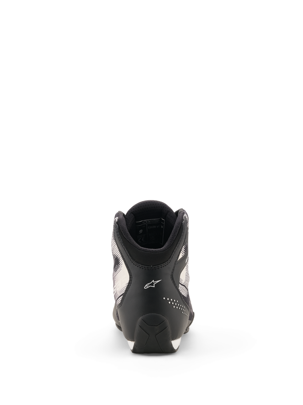 Alpinestars Celer Superair Shoes, Motorcycle Riding Shoes, Black and White, rear view showing the heel with white Astar logo, perforated accents, and textured sole design