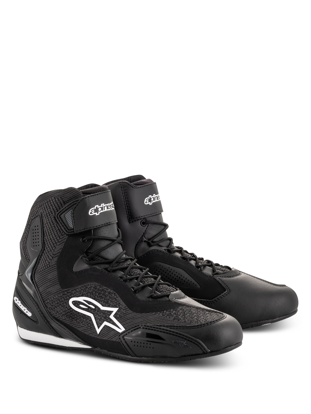 Alpinestars Faster-3 Rideknit® Shoes, Black motorcycle riding shoes, featuring knitted mesh panels and a microfiber chassis, white Alpinestars star logo on the side, laces with hook-and-loop ankle strap, designed for road racing and urban commuting.