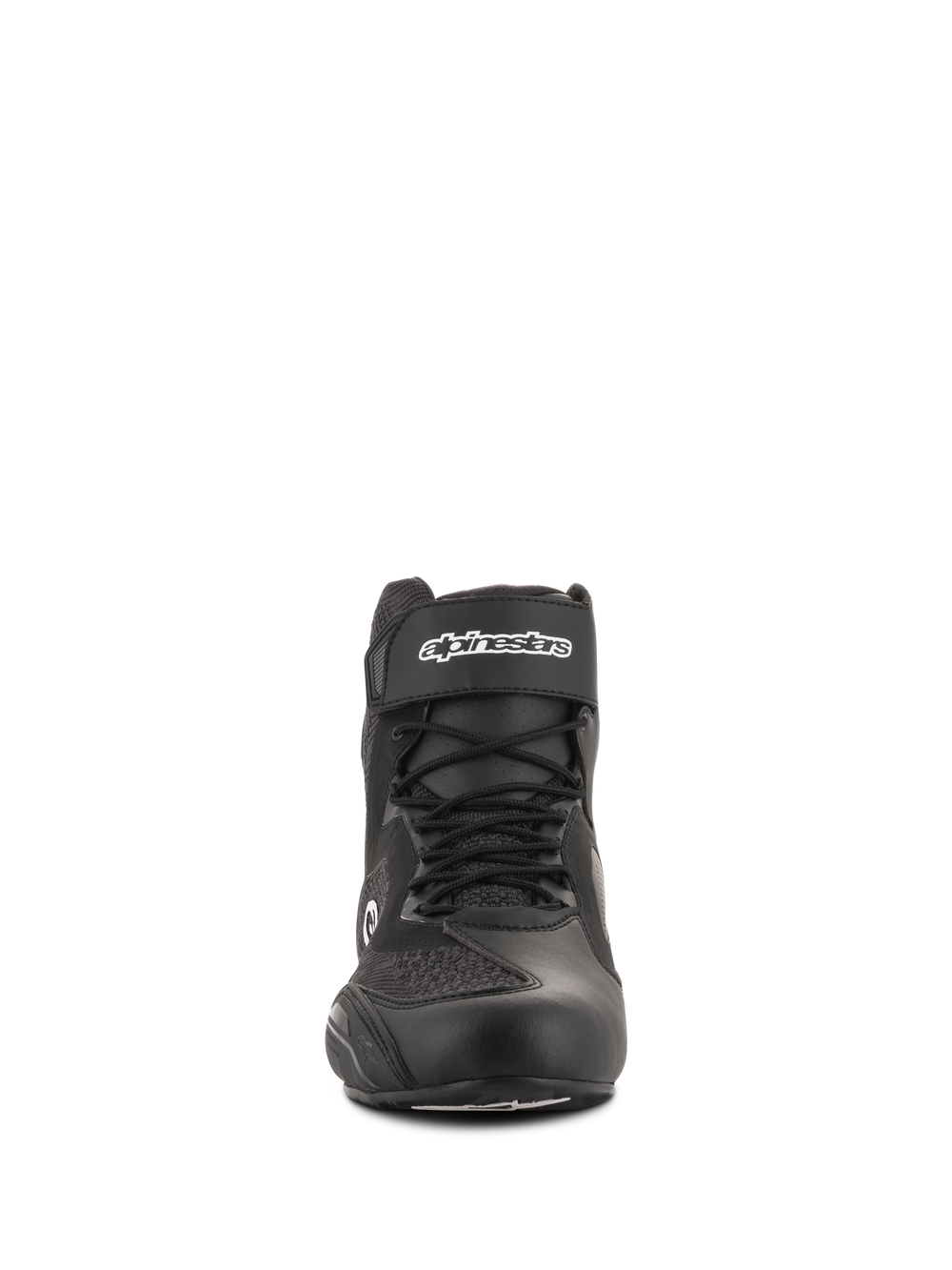 Alpinestars Faster-3 Rideknit® Shoes, Motorcycle Riding Shoes, Black, front view, featuring a hook and loop ankle strap with white branding, laces, and breathable knit mesh panels, sleek road riding footwear