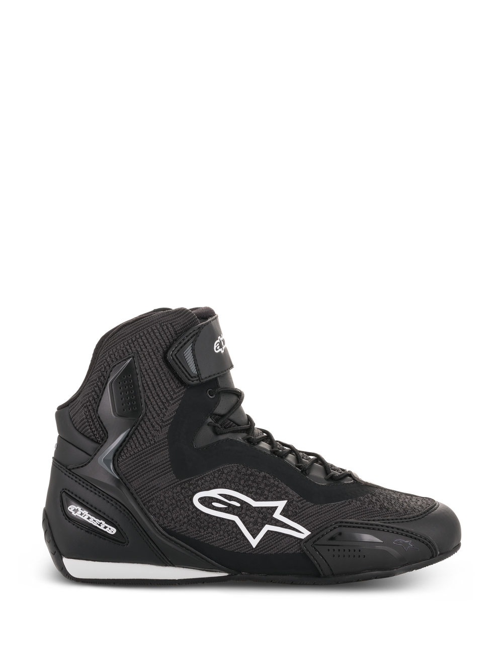 Alpinestars Faster-3 Rideknit Shoes, Black high-top motorcycle riding shoe, white star logo, textured knit and mesh construction, lace closure with ankle strap, reinforced heel and toe, low-profile sole with white accents