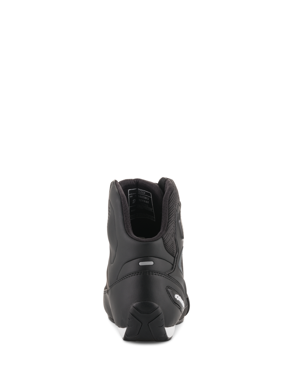 Alpinestars Faster-3 Rideknit® Shoes, Black Motorcycle Riding Shoes, rear view showing TPR heel counter and microfiber construction, sleek and protective road racing footwear