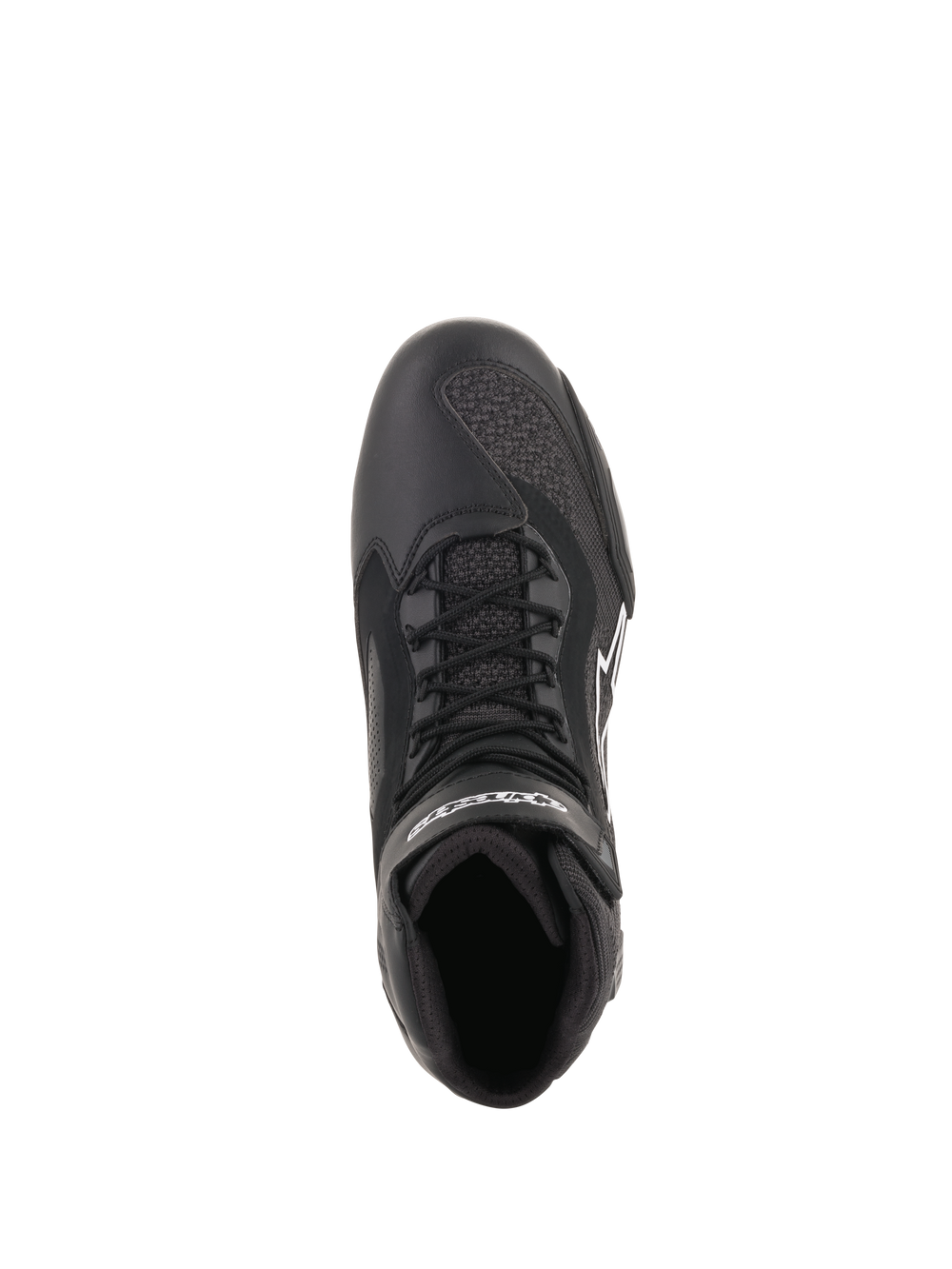 Alpinestars Faster-3 Rideknit® Shoes, Black, top-down view showing laces and breathable mesh panels, lightweight microfiber and knit construction, performance motorcycle footwear