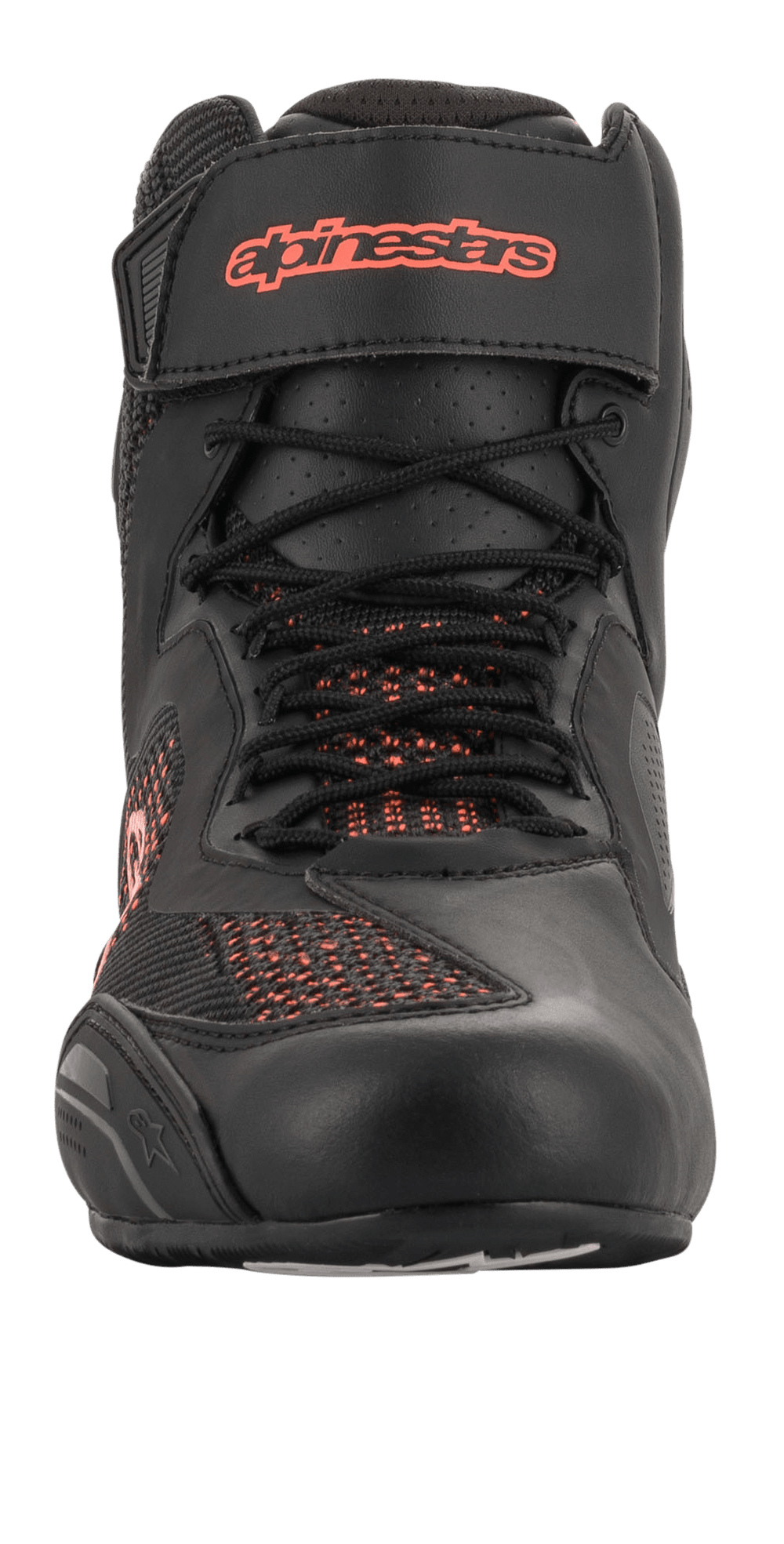 Alpinestars Faster-3 Rideknit® Shoes, Black and Red Fluo, front-facing view, motorcycle riding shoe featuring breathable knit mesh panels and Velcro ankle strap with red logo