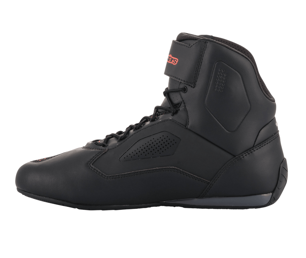 Alpinestars Faster-3 Rideknit® Shoes, Black motorcycle riding shoe, side profile view, matte black microfiber upper with perforated panels for airflow, lace-up system with red Alpinestars logo on the ankle strap, sporty road riding design