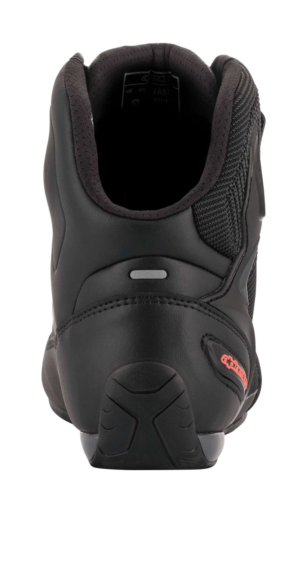 Alpinestars Faster-3 Rideknit® Shoes, Motorcycle Riding Shoes, Black and Red Fluo, rear view highlighting the TPR heel counter, padded ankle collar, and red logo detail on the heel.