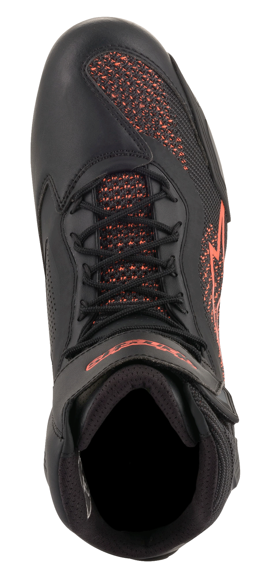 Alpinestars Faster-3 Rideknit® Shoes, Motorcycle Riding Shoes, Black and Red Fluorescent, top-down view, featuring breathable knit panels and microfiber construction with red logo details