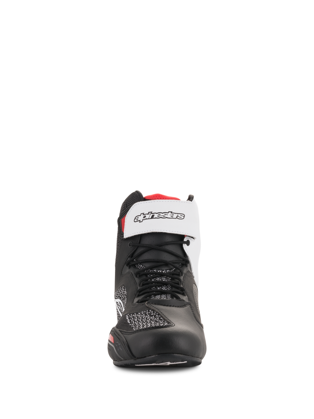 Alpinestars Faster-3 Rideknit® Shoes, Black White and Red, front-facing view, featuring black laces and a white hook-and-loop ankle strap with branding, breathable mesh and microfiber upper, performance motorcycle riding footwear