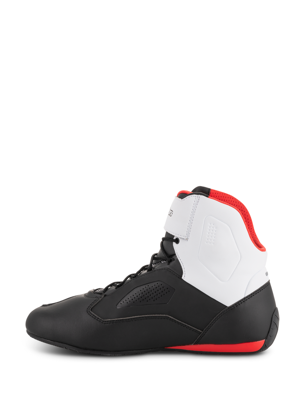 Alpinestars Faster-3 Rideknit® Shoes, motorcycle riding shoes, Black White and Red, side profile featuring black lower chassis, white ankle panel, red interior lining, and red sole accent at the heel, sleek road racing design