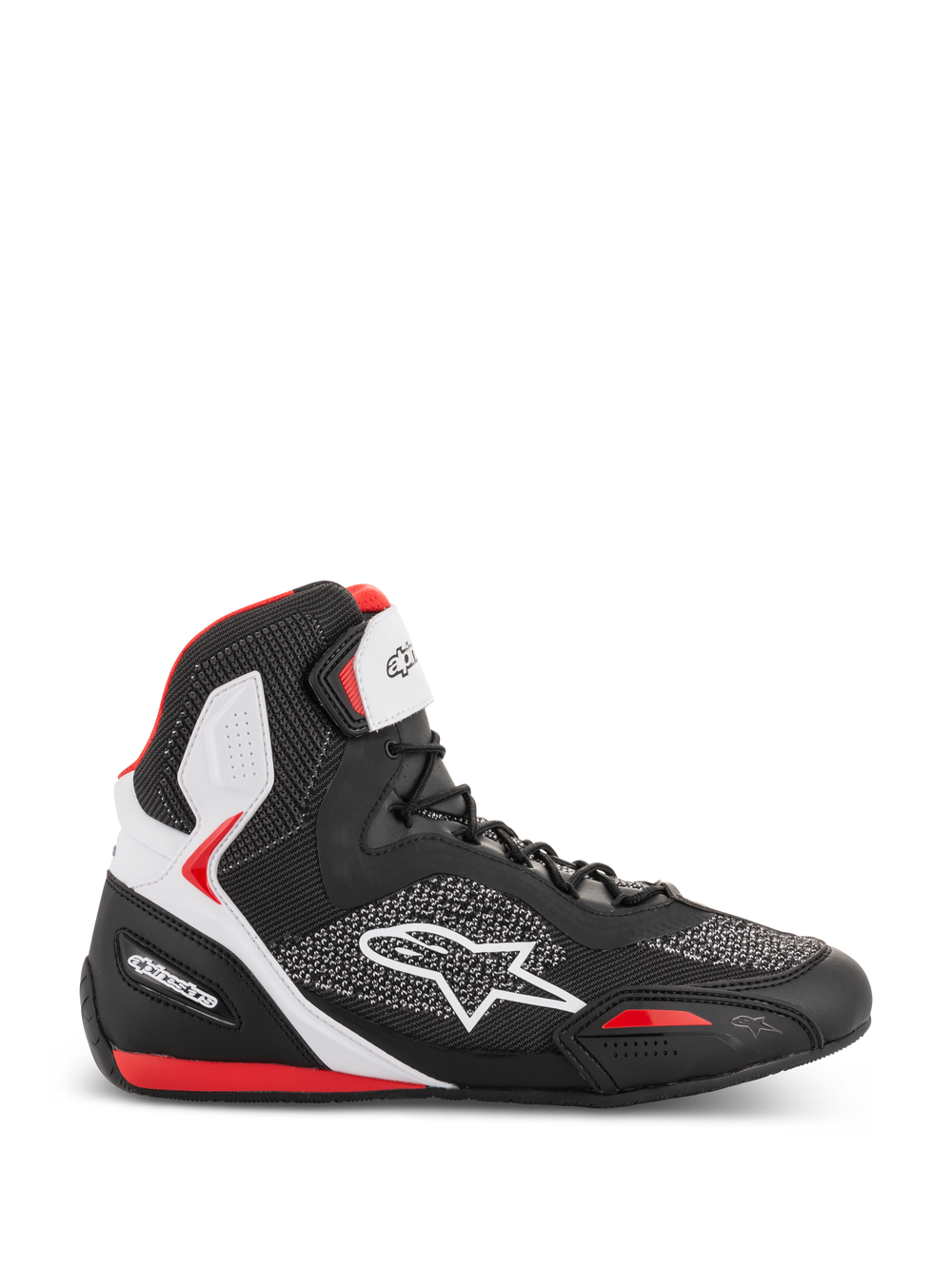 Alpinestars Faster-3 Rideknit Shoes, high-top motorcycle riding sneakers, black white and red, breathable knit mesh upper with white star logo, padded ankle support, sporty road racing design