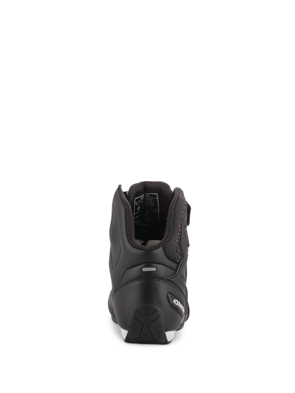 Alpinestars Women Stella Faster-3 Rideknit® Shoes, Black with Pink accents, Rear view showing heel protection and reflective strip, high-top motorcycle riding footwear with breathable knit material
