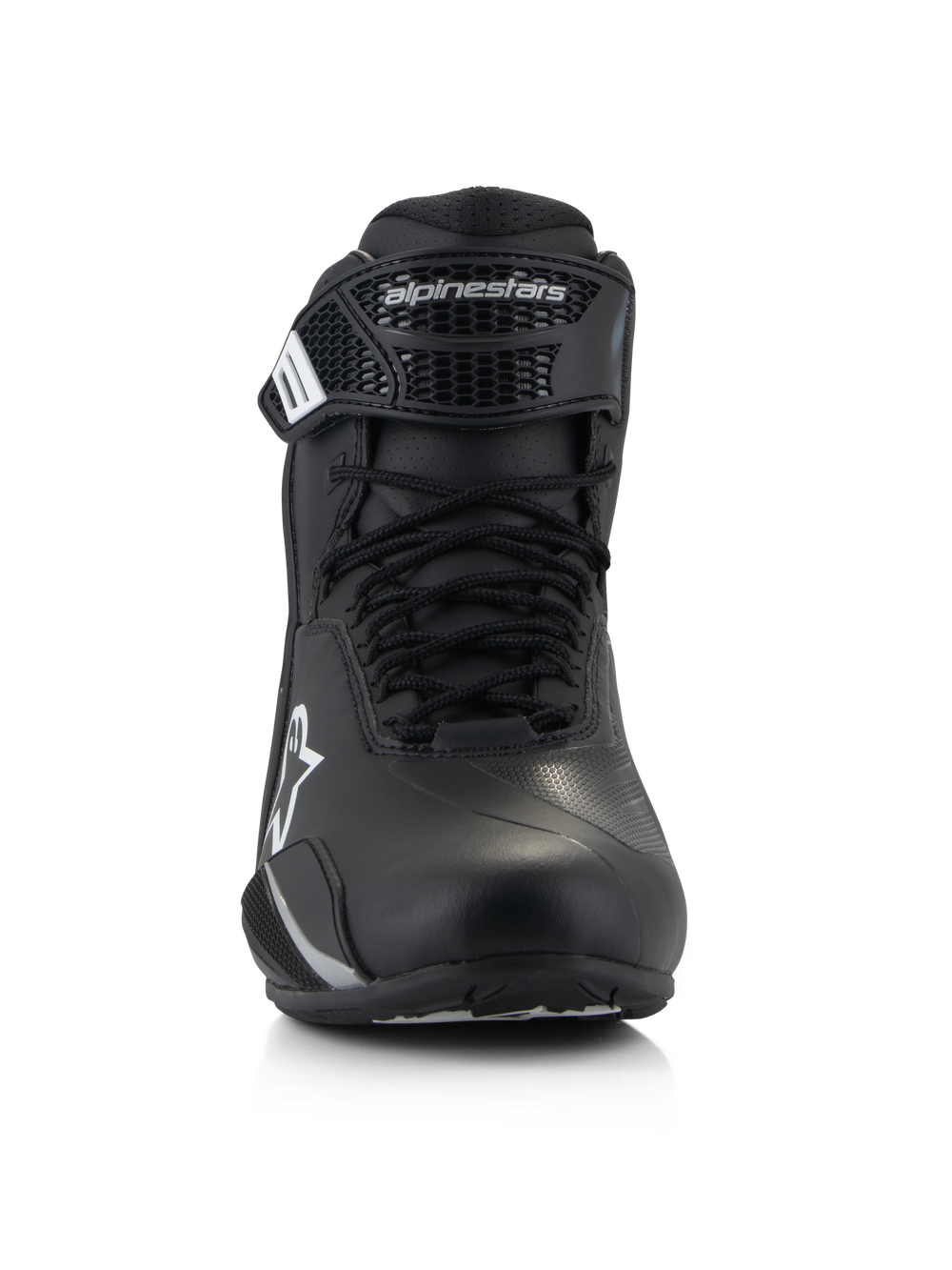 Alpinestars Stella Faster-4 Shoes, Women's Riding Shoes, Black, front view, featuring lace closure and adjustable hook-and-loop strap with Alpinestars logo, technical road riding footwear with lightweight microfiber construction