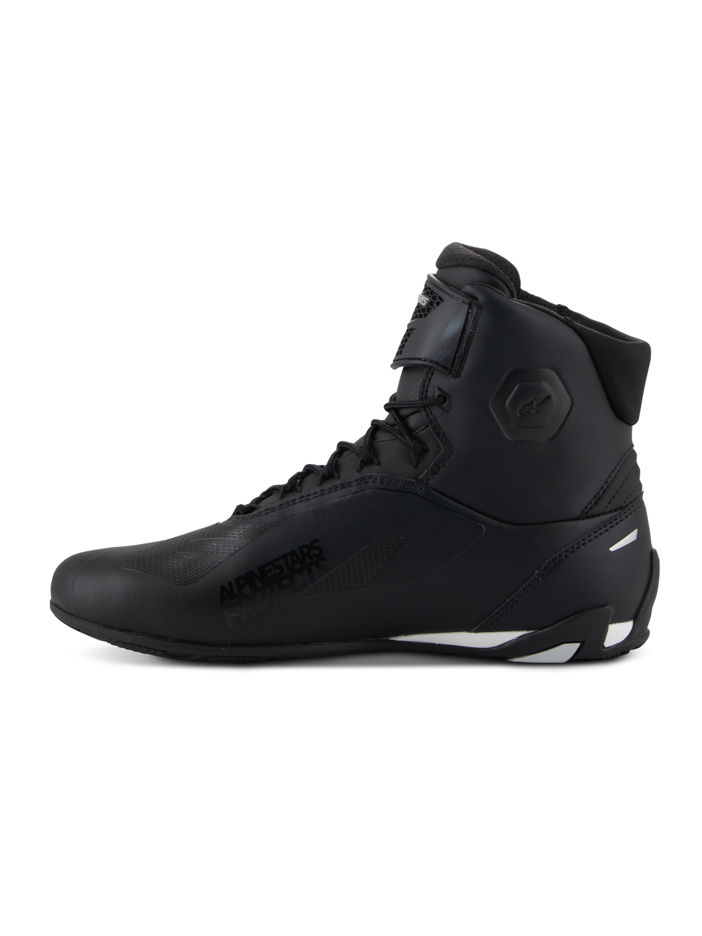 Alpinestars Stella Faster-4 Shoes, Women's Riding Shoes, Black with white accents, side profile view, high-top design featuring lace closure and adjustable ankle strap, protective motorcycle footwear