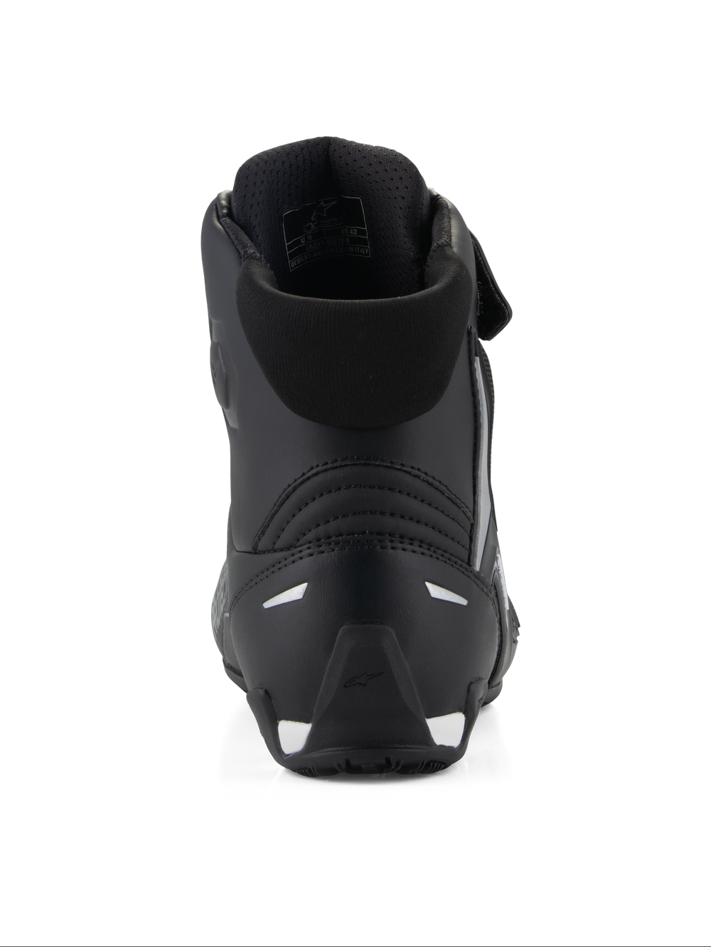 Alpinestars Stella Faster-4 Shoes, Women's Motorcycle Riding Shoes, Black, rear view showing the padded collar, reinforced TPR heel counter, and reflective accents, sleek performance design for road riding