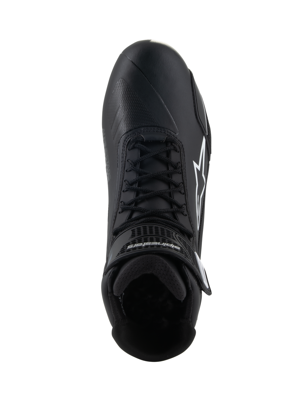Alpinestars Stella Faster-4 Shoes, Women's Riding Shoes, Black, top-down view, featuring black laces, white Alpinestars star logo, and adjustable ankle strap, sleek microfiber design for road and sport riding
