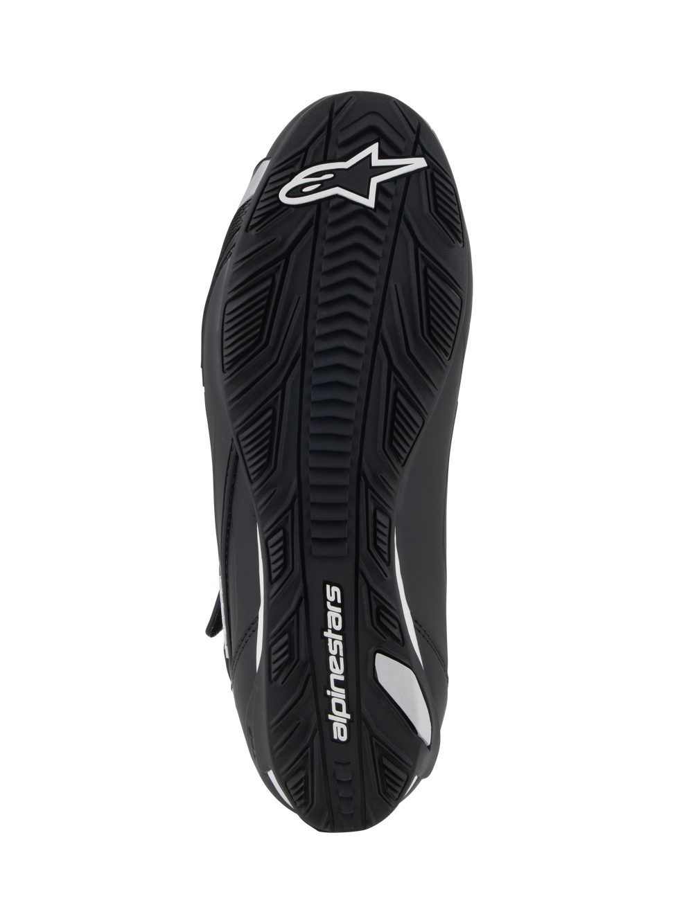 Alpinestars Stella Faster-4 Women's Riding Shoes, Bottom View, Black Rubber Sole with Textured Grip, White Alpinestars Logo and Branding, Ergonomic Design for Traction and Support