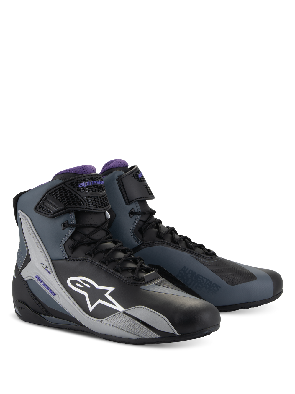 Alpinestars Stella Faster-4 Shoes, Women's Motorcycle Riding Shoes, Black Gray and Violet, high-top design with laces and adjustable ankle strap, featuring white Astar logo and violet mesh accents, technical road riding footwear.