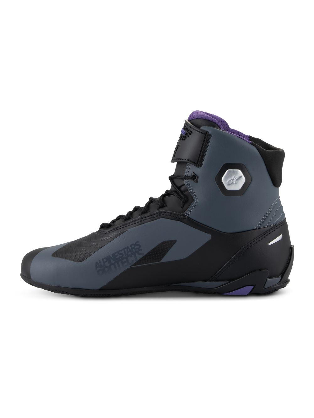 Alpinestars Stella Faster-4 Shoes, Women's Motorcycle Riding Shoes, Black Gray and Violet, high-top design with laces and adjustable ankle strap, featuring purple interior lining and silver hexagonal ankle protector.