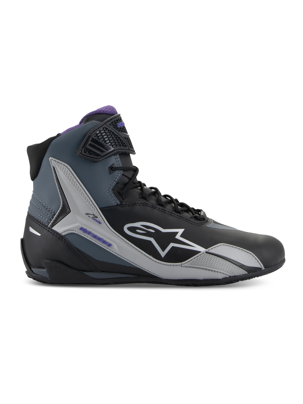 Alpinestars Stella Faster-4 Shoes, Women's Motorcycle Riding Shoes, Black Gray and Violet, side view showing high-top design, white star logo, purple inner lining, textured ankle protection panels, and a sporty microfiber upper for road riding comfort