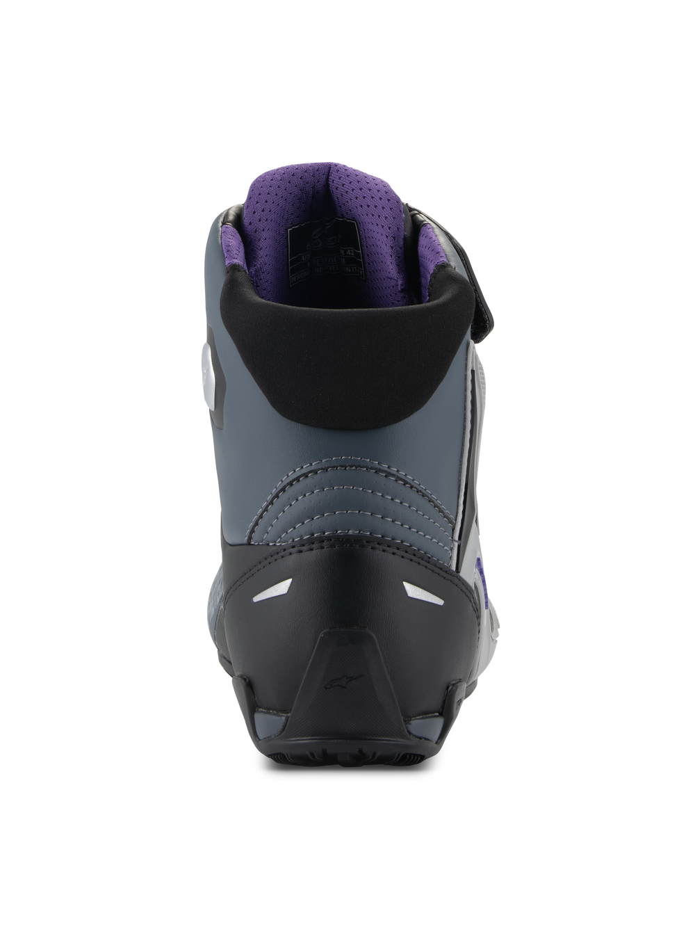 Alpinestars Stella Faster-4 Shoes, Women's Motorcycle Riding Shoes, Rear view showing heel construction, Black Gray Violet colorway, featuring a reinforced heel counter, reflective accents, and purple 3D mesh lining