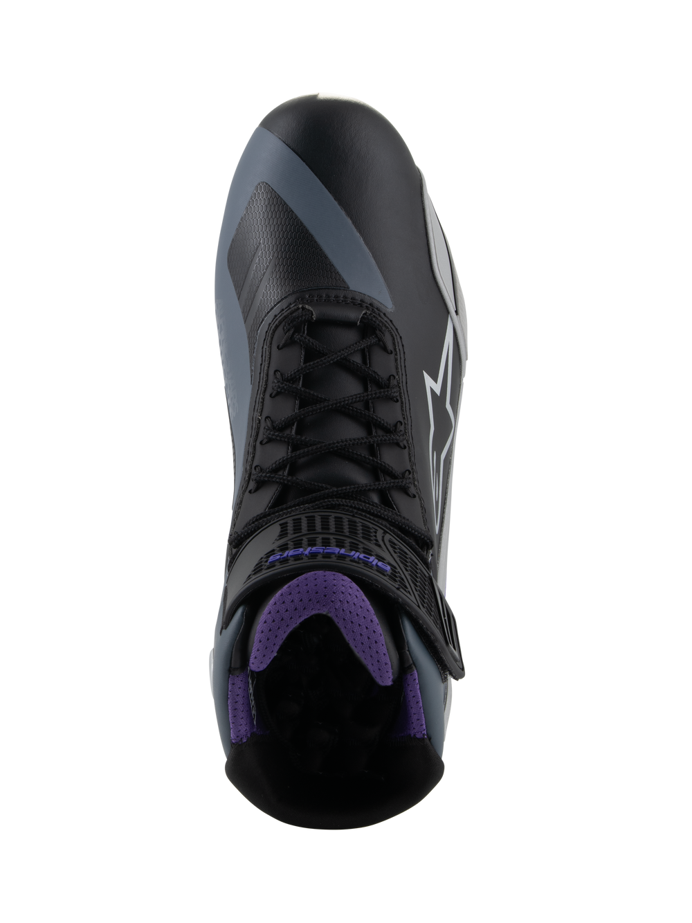 Alpinestars Woman Stella Faster-4 Shoes, Women's Motorcycle Riding Shoes, Black Gray Violet, top-down view featuring black laces, violet mesh interior, and adjustable strap with violet branding