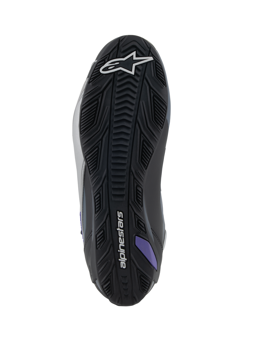 Alpinestars Stella Faster-4 Women's Shoes, Bottom View of Sole, Black and Gray with Violet accents, textured rubber compound for grip, featuring white star logo and Alpinestars branding, engineered for road and sport performance