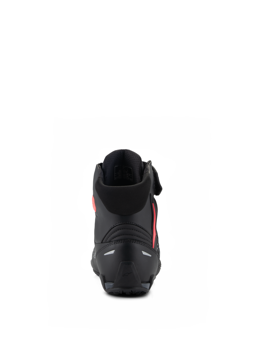 Alpinestars Woman Stella Faster-4 Shoes, Black and Diva Pink, Rear view showcasing the reinforced heel counter, soft textile collar, and sleek ergonomic design for performance motorcycle riding.