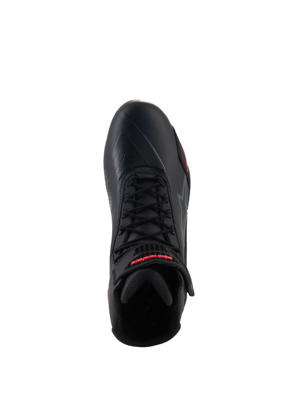 Alpinestars Woman Stella Faster-4 Shoes, Black and Diva Pink, top view of a single motorcycle riding shoe, featuring black laces, an ankle strap with red branding, and a sleek microfiber upper