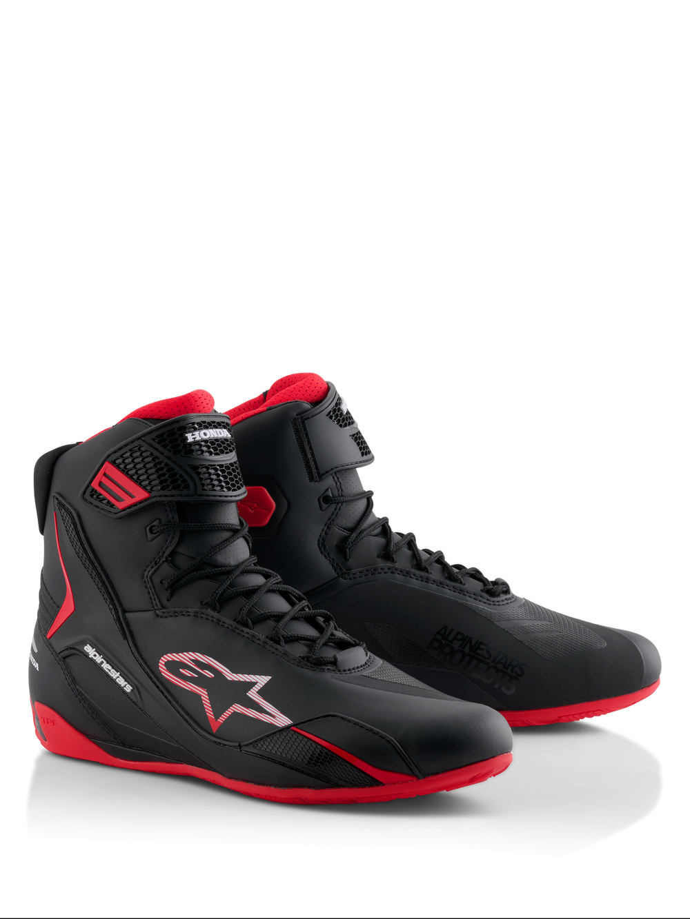 Alpinestars Honda Faster-4 Shoes, Motorcycle Riding Shoes, Black and Red, sleek high-top design with lace-up closure and ankle strap, featuring red soles and Alpinestars and Honda branding.