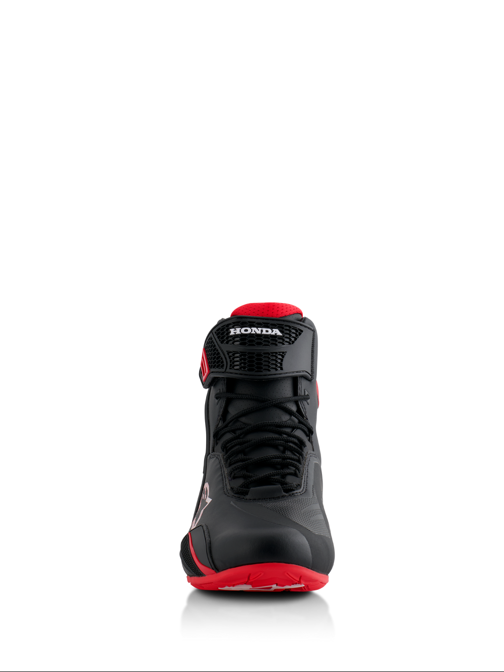 Alpinestars Honda Faster-4 Shoes, Black and Red, Front view, featuring seamless microfiber construction, lace closure, and adjustable ankle strap with Honda branding