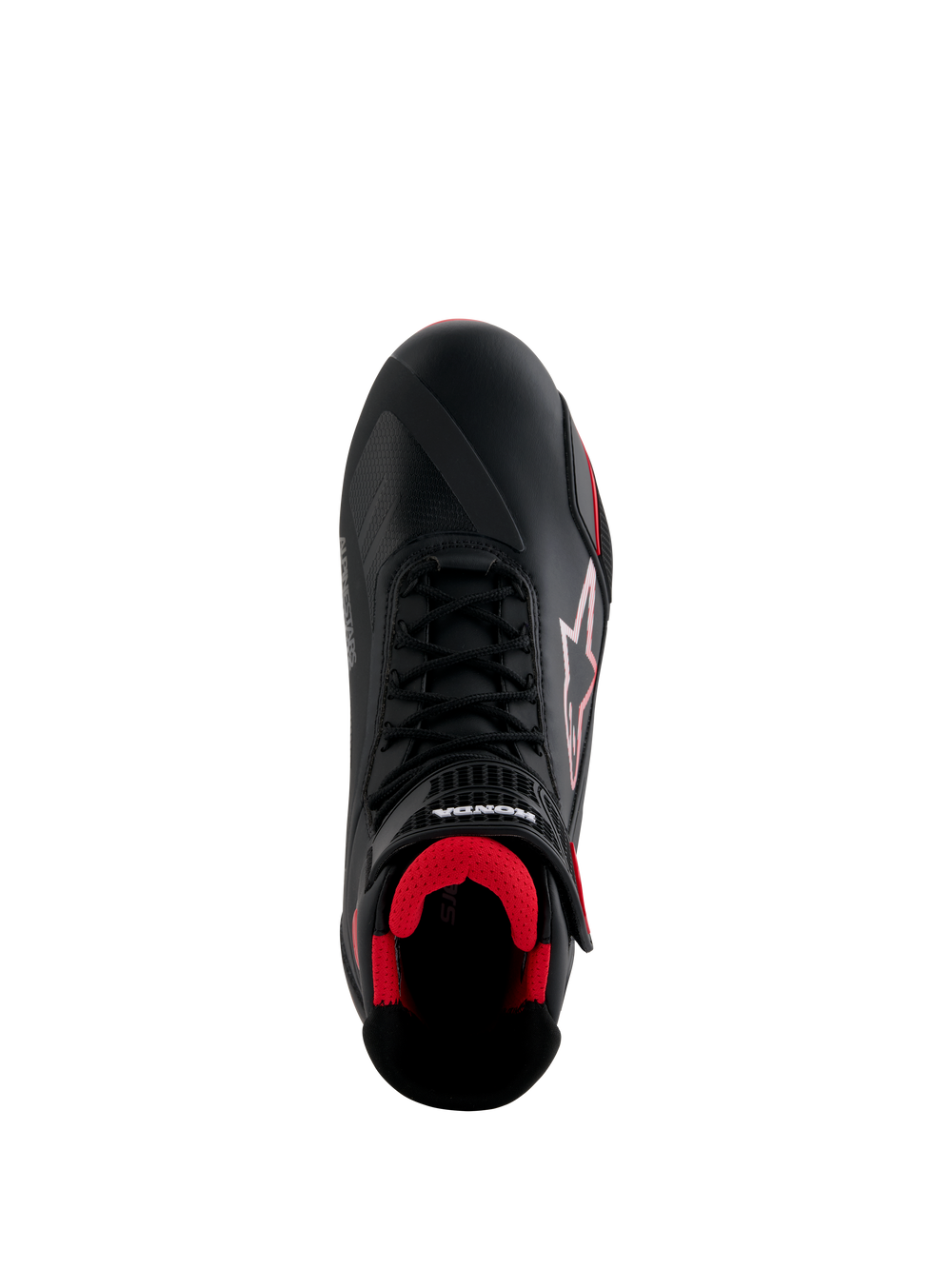 Alpinestars Honda Faster-4 Shoes, Motorcycle Riding Shoes, Black and Red, top-down view featuring black microfiber upper, red mesh interior, traditional black laces, and Alpinestars and Honda branding