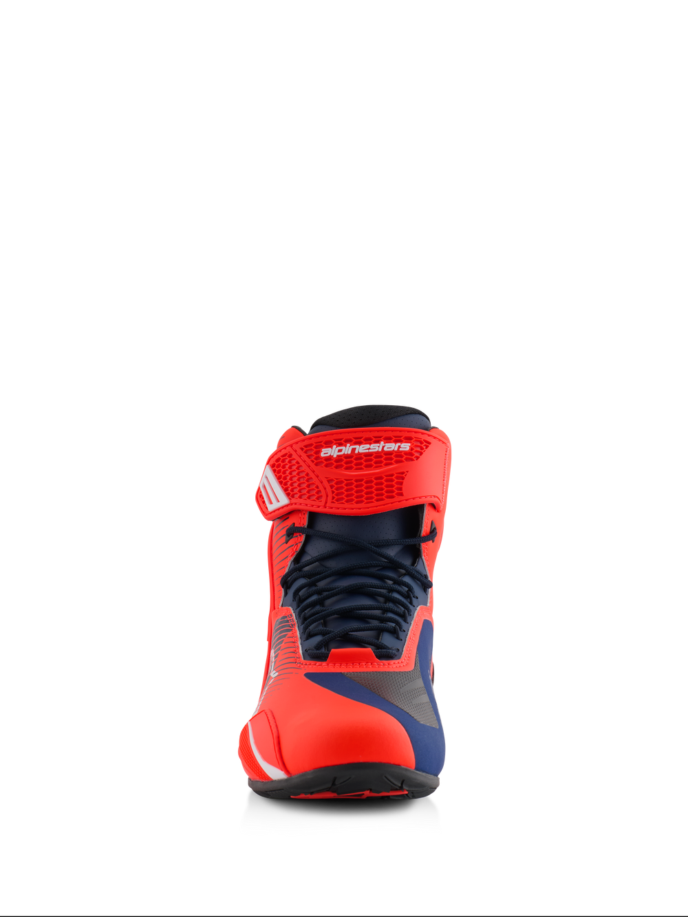 Alpinestars MM93 Faster-4 Shoes, motorcycle riding shoes, Red Fluo and Dark Blue, front view showing technical microfiber upper, lace-up closure with adjustable hook-and-loop ankle strap, sporty high-performance design