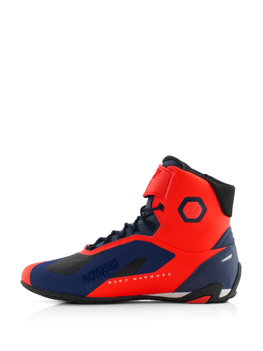 Alpinestars MM93 Faster-4 Shoes, Motorcycle Riding Shoes, Red Fluo and Dark Blue, side profile view featuring Marc Marquez branding, lace closure with top strap, sleek performance design for road riding