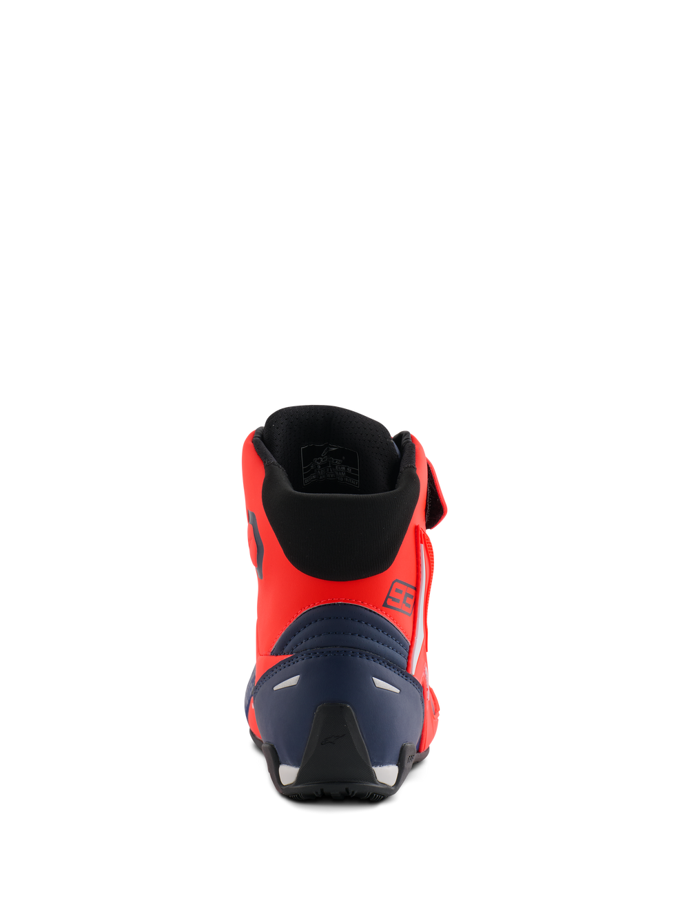 Alpinestars MM93 Faster-4 Shoes, Motorcycle Riding Shoes, Red Fluo and Dark Blue, rear view showing the 93 branding, reinforced heel counter, and black mesh interior