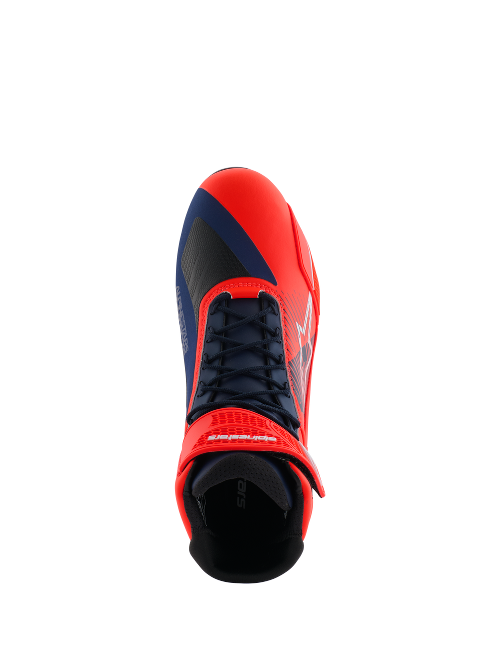 Alpinestars MM93 Faster-4 Shoes, Motorcycle Riding Shoes, Red Fluo and Dark Blue, top-down view featuring traditional lace system and hook-and-loop ankle strap, asymmetric toe design for gear shift protection, vibrant performance footwear for road riding
