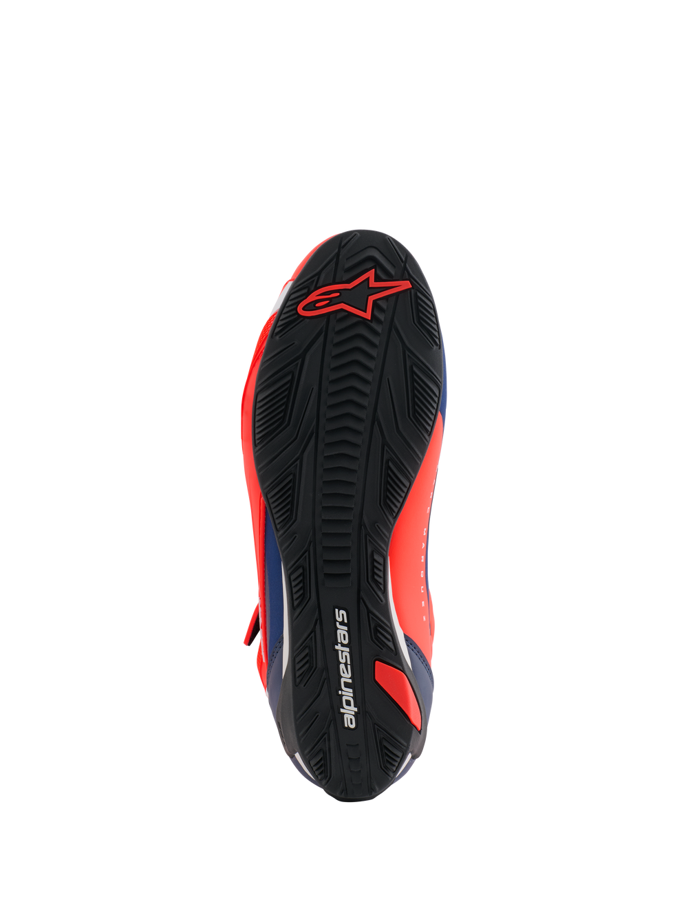 Alpinestars MM93 Faster-4 Shoes, Motorcycle Riding Shoes, Red Fluo and Dark Blue, bottom view showing the black textured rubber sole with a red Alpinestars logo at the toe and integrated grip patterns.