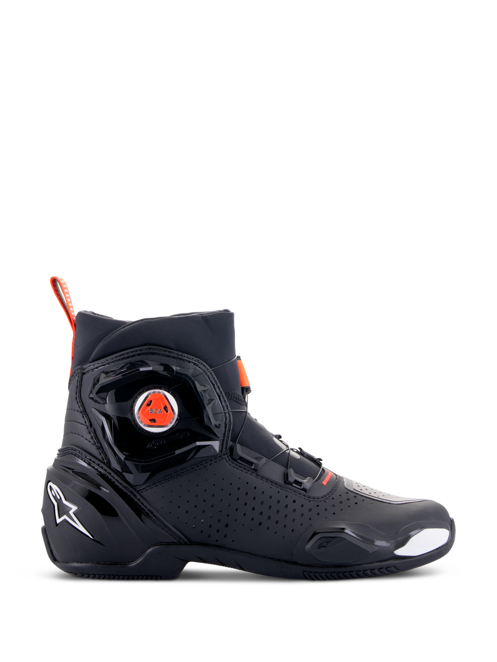 Alpinestars SP-2 Riding Shoes, Sport Motorcycle Footwear, Black with Red Fluo accents, side view featuring BOA speed closure system, perforated microfiber panels for airflow, white Alpinestars logo on the heel, and a sleek modern design with matte and glossy finishes