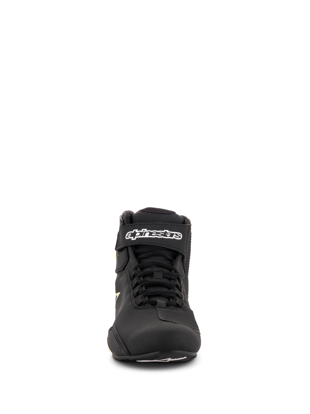 Alpinestars Sektor Shoes, Motorcycle Riding Shoes, Black and Yellow Fluo, front view featuring speed lacing system, ankle strap with white branding, and lightweight microfiber construction